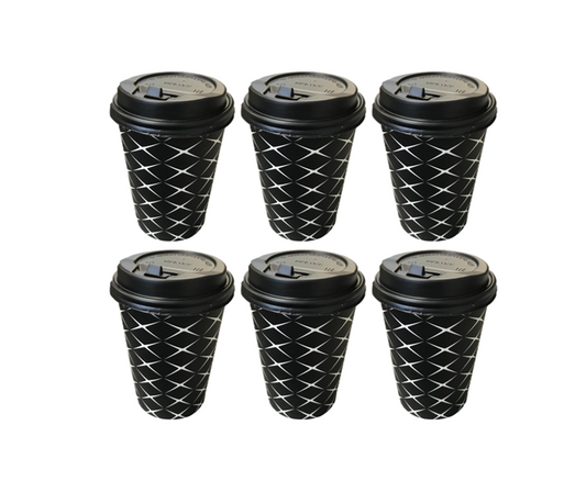 Black Paper Cup with Lid Printed Design 12oz Pack of 6 Assorted Designs 2206 (Parcel Rate)