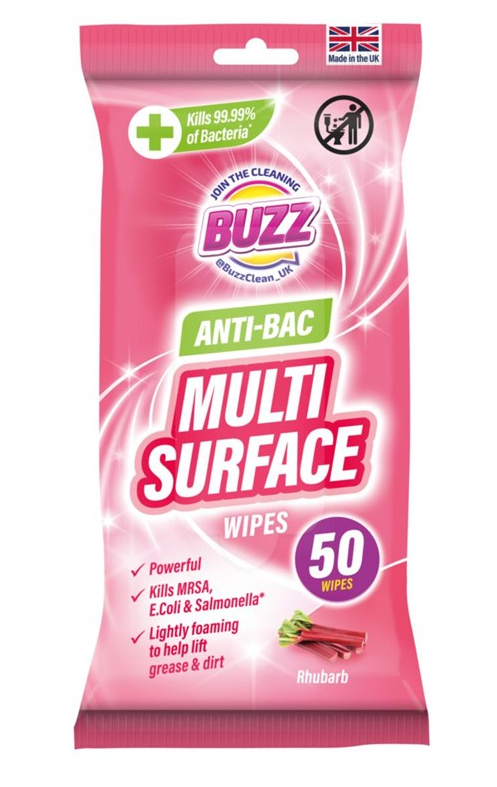 Buzz Multi Surface Antibacterial Wipes 50 Pack Rhubarb 321593 (Parcel Rate)