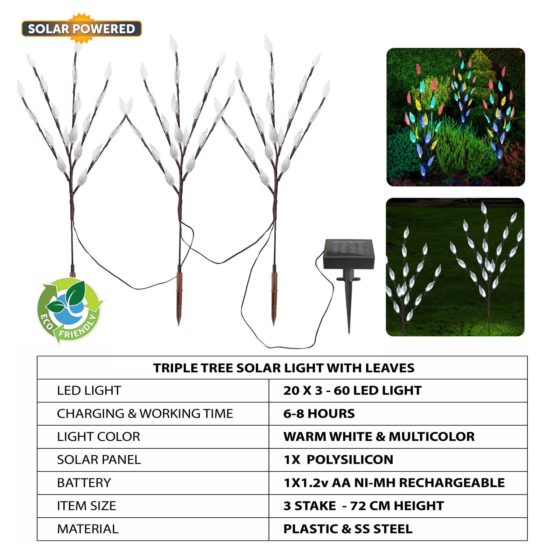 Garden Triple Tree Solar Light With Leaves Bright White Multicolour 72cm 60 LED 6641 (Parcel Rate)