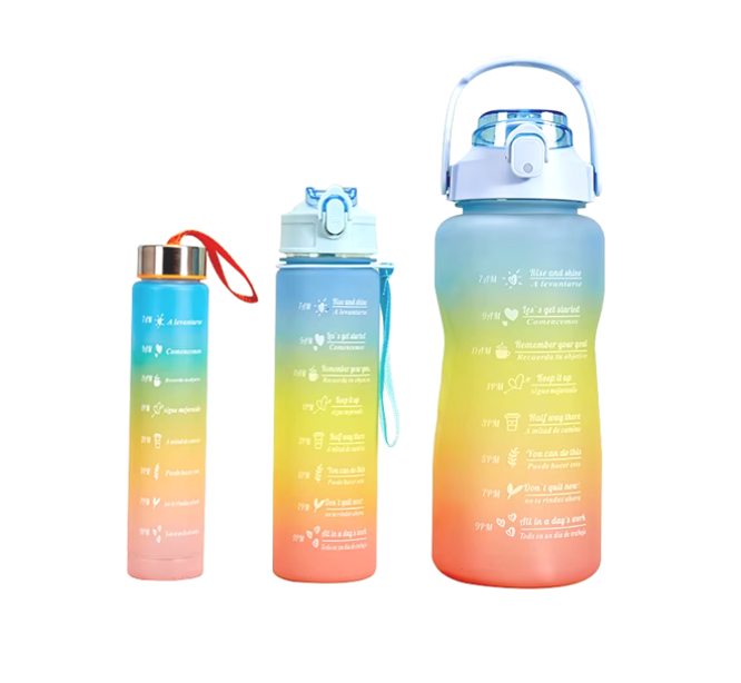 Plastic Water Drinking Bottle with Ombre Design 2000 / 900 / 300ml Set of 3 Assorted Colours 7359 A (Parcel Rate)