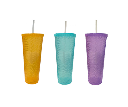 Large Plastic Drinking Cup Tumbler with Lid and Straw Heart Design 750ml / 22.5 cm Assorted Colours 7436 (Parcel Rate)