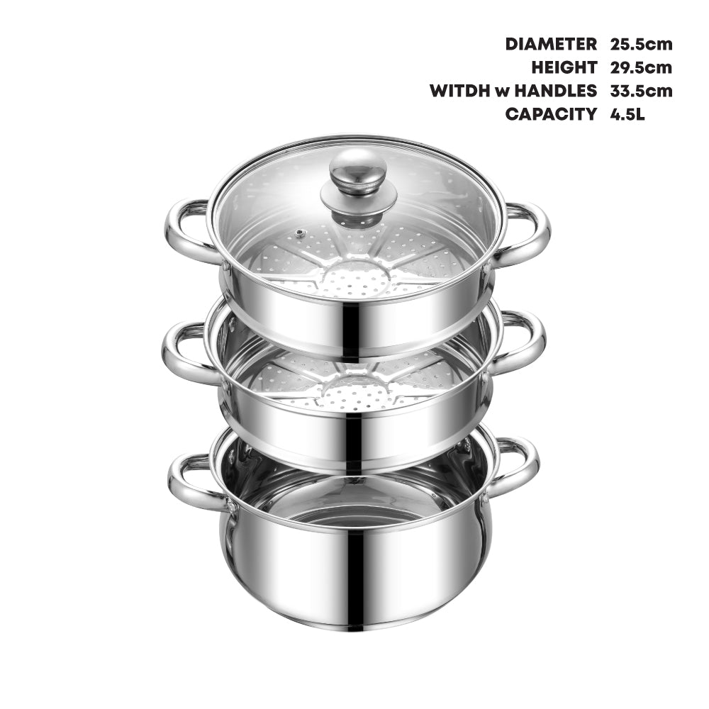 SQ Professional Lustro Stainless Steel Steamer 3 Tier 24 cm 4.5L 7494 (Big Parcel Rate)