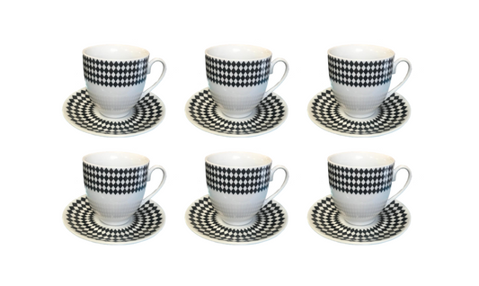 Coffee Tea Cup Mug Set with Saucers Set of 12 Black / White Assorted Designs 7526 (Parcel Plus Rate)