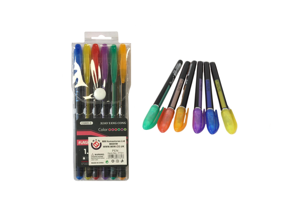 Coloured Gel Pens 1.0 mm Pack of 6 Assorted Colours 7731 (Large Letter Rate)