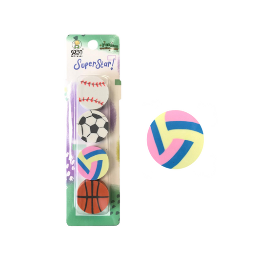 Round Erasers Rubbers Sports Ball Design 3 x 1 cm Pack of 4 Assorted Designs 7733 (Large Letter Rate)