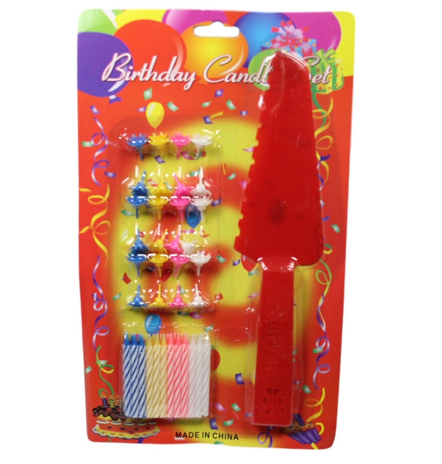 Happy Birthday Cake Candle Set with Plastic Cake Knife Server 24 Pack Assorted Colours 5292 (Parcel Rate)