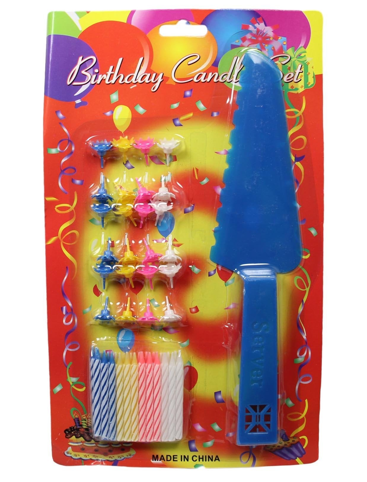 Happy Birthday Cake Candle Set with Plastic Cake Knife Server 24 Pack Assorted Colours 5292 (Parcel Rate)