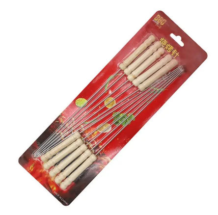 Metal BBQ Kebab Skewer Sticks 12pcs 30 cm Wooden Handle 6881 (Parcel Rate)