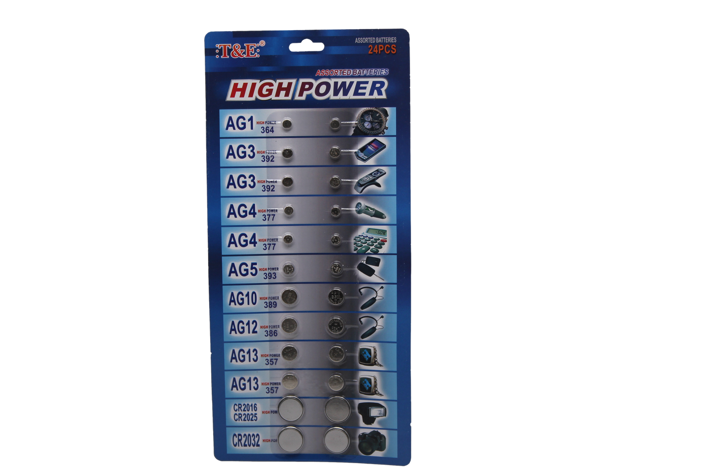 T&E 24 Assorted Flat Button Batteries on 1 Single Card 15 x 30cm 2027 (Parcel Rate)