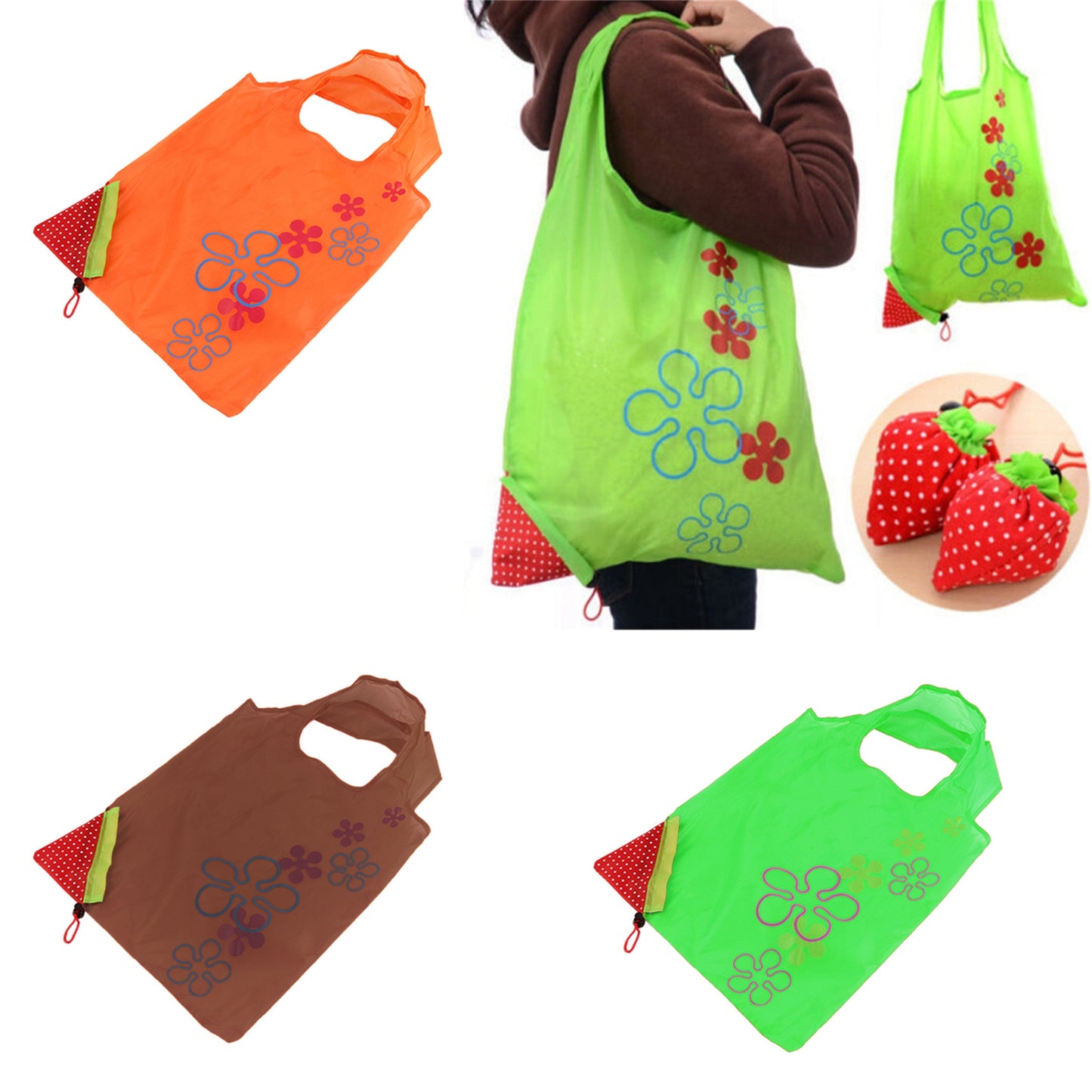 Foldable Expandable Strawberry Shopping Carrier Bag 37 x 35cm Assorted Colours 1113 (Parcel Rate)