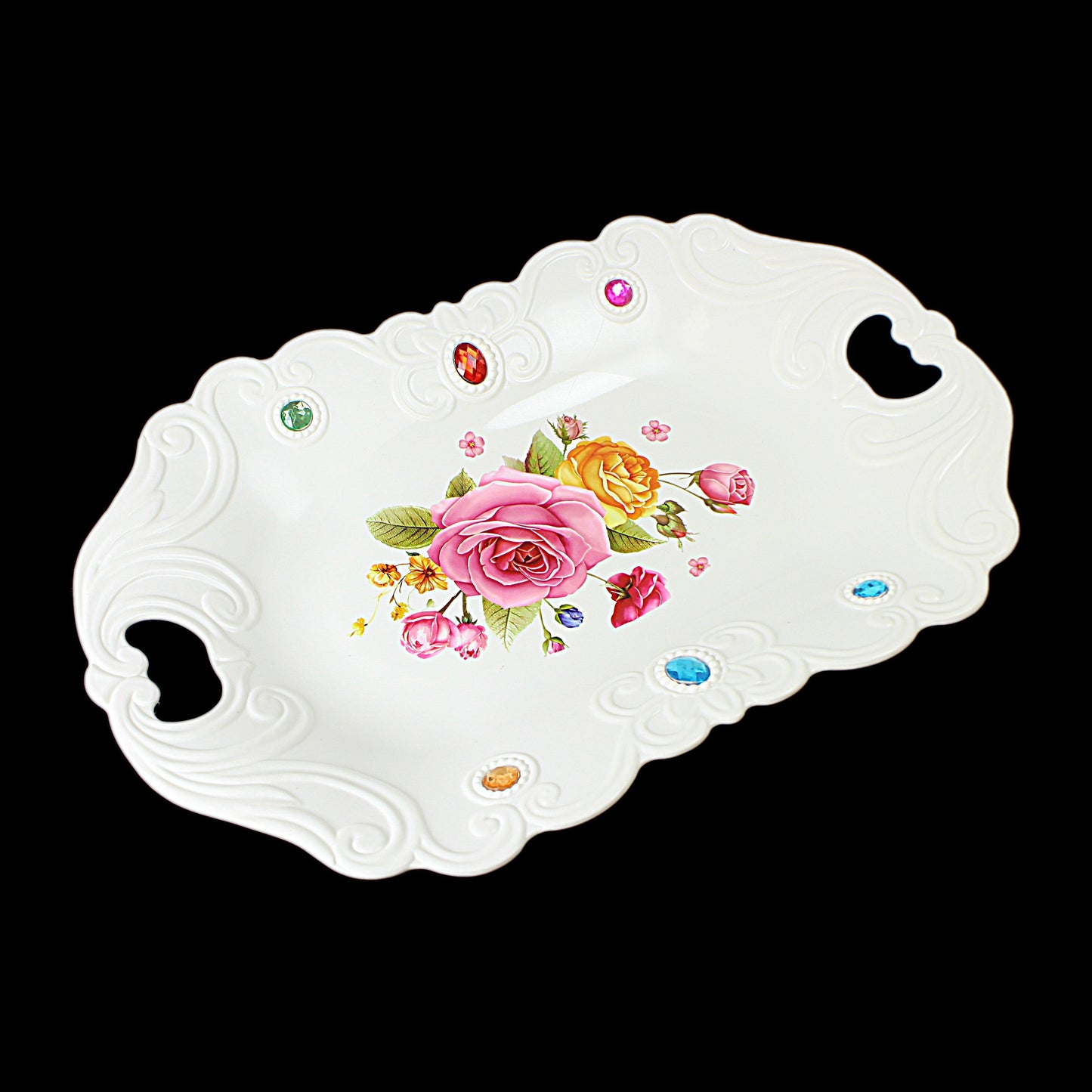 Plastic Jewelled Serving Tray with Handles and Printed Design 35 x 23 cm Assorted Designs 3210 (Parcel Rate)