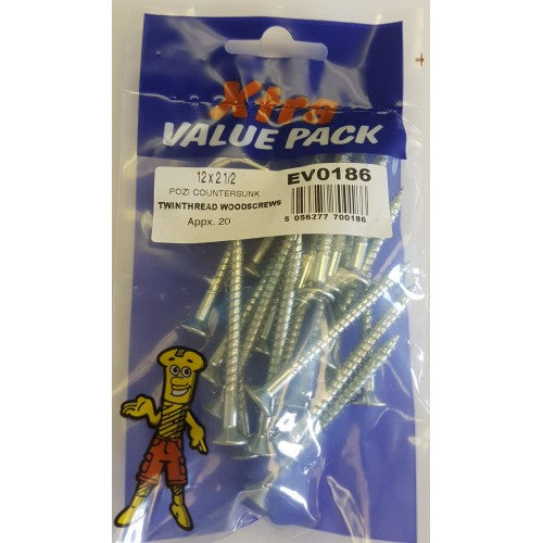 12 x 2 1/2 Pozi c/sk Twinthreads Woodscrews Xtra Value 0186 (Large Letter Rate)