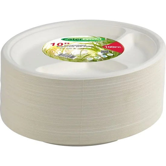 Disposable Compostable Eco-Bio Bagasse Sugarcane 3 Compartment Plates 10" Pack of 100 ST81812 (Parcel Rate)