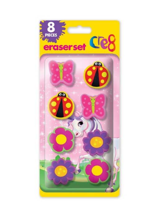 Girls Assorted Cre8 Eraser Set Pink Floral Ladybird Butterfly 8 Pack P2780 (Parcel Rate)